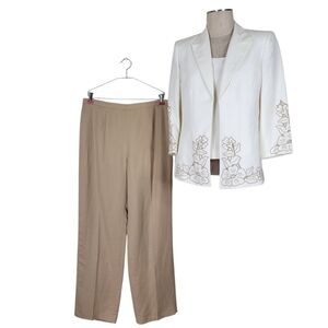 Kasper 3 Piece Pant Suit Size 10 White Khaki Embrodered Blazer Linen Blend New